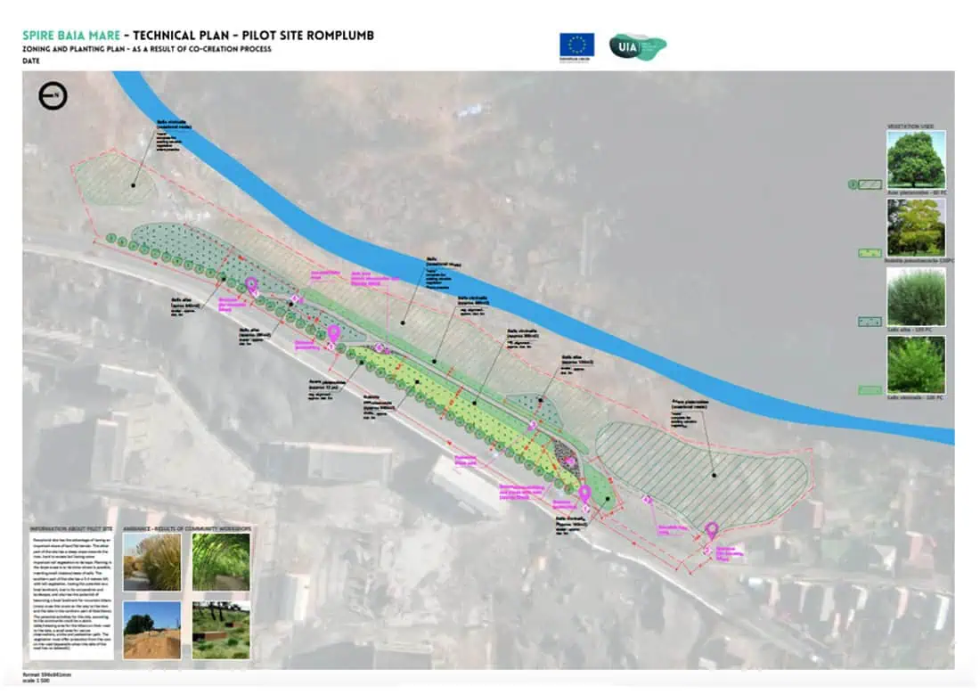  /></noscript></a></p>
<h6>Final technical design of one of the pilot sites – Romplumb. Source: SPIRE- Technical Report D6.1.3 Final technical designs for pilot sites</h6>
<p>Co-creation Stage 3: Co-designing micro-interventions to be co-implemented.</p>
<p>Co-creation Stage 3 built on the results of the previous two stages and filled in the gaps in the co-creation process, that occurred due to pandemic conditions. The general objectives of this stage were:<br />
1. Sensory and spatial assessment/understanding of each pilot site: a necessary activity in order to help the participants to develop feasible, effective, and creative solutions.<br />
2. Co-designed solutions of micro-interventions: (1) assessing the types of interventions; (2) understanding the technical aspects of the interventions; (3) providing a custom, community-developed solution, that is both ecological and easy to implement.</p>
<p>Along with the definitive technical designs for the pilot sites, several final in-situ interventions were proposed (like urban furniture, birdhouses, or places for nature observations). The purpose of the last stage of the different workshops is to co-implement the co-designed interventions and stimulate emotional engagement, creating connections between the participants and the sites.</p>
<p><a href=