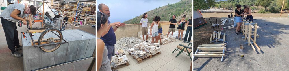 Making a mobile bar with recycled air-duct, metal frame and bicycle wheels, French cycle (2022). Exploring materials available for finishing the kitchen floor Italian cycle (2023) making benches with wood and discarded metal, Greek cycle (2024).