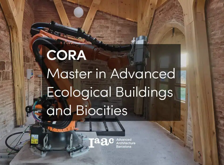 CORAI robotic arm constructing eco-friendly buildings with advanced technology in an architectural workshop, promoting sustainable architecture and green biocitic urban development.