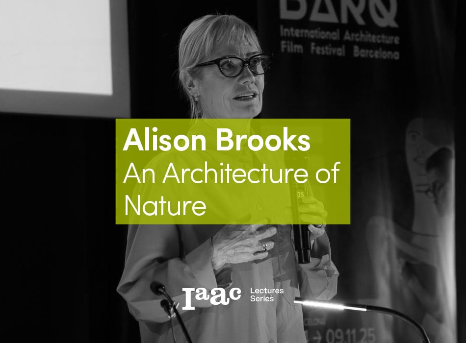 Insightful black and white photo of Alison Brooks delivering a lecture at an architecture event, emphasizing sustainable design and architecture of nature.