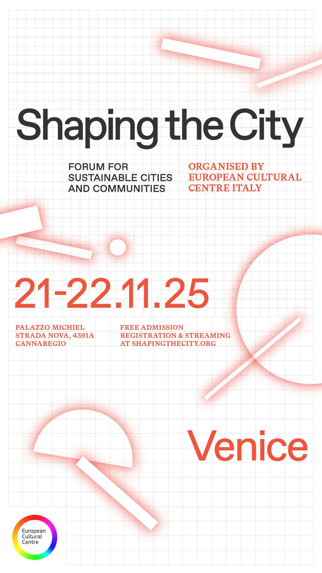 Venice urban design and architecture event promotional poster for the Shaping the City forum organized by European Cultural Centre Italy.