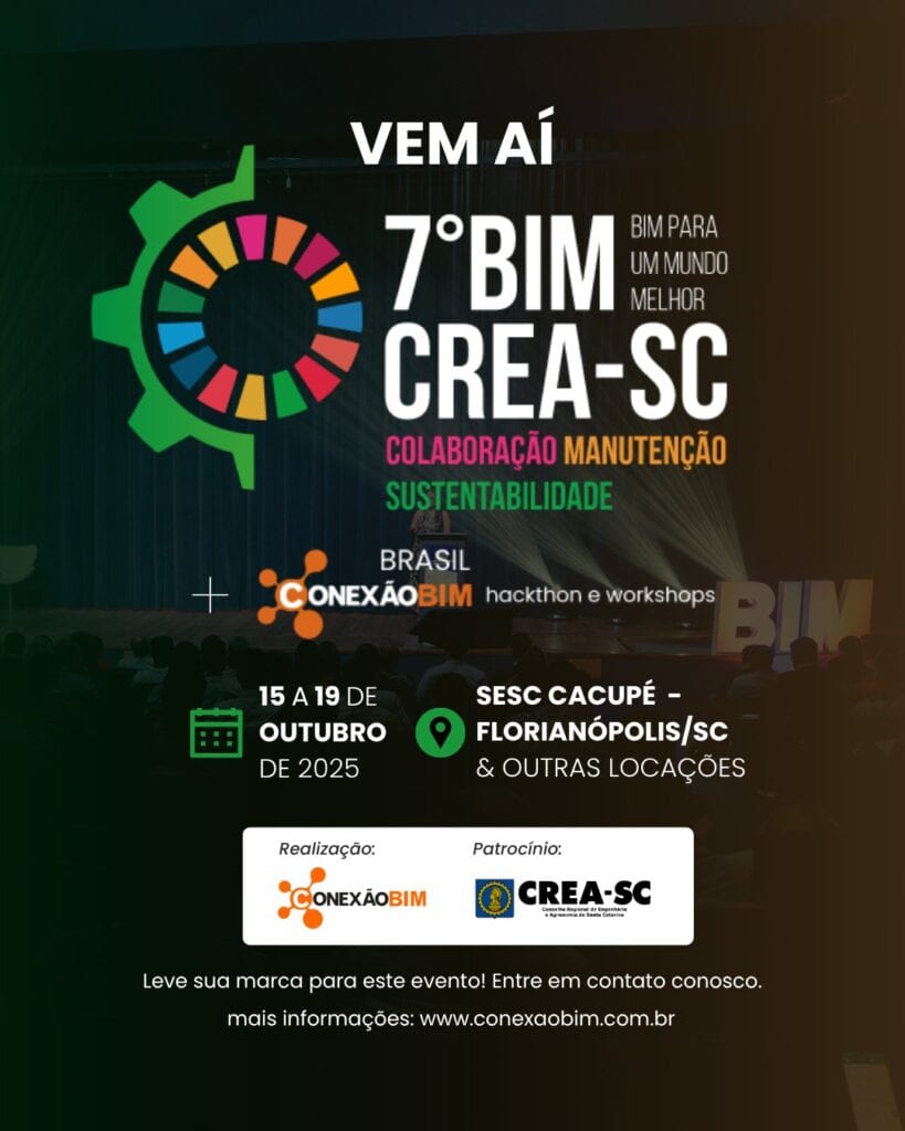 A vibrant promotional poster for the upcoming 7th BIM CREA-SC event featuring sustainable practices, collaboration, and maintenance in urban development, taking place in Florianópolis, SC, October 2025.